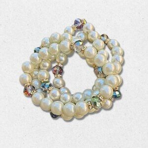 4 Faux Pearl Aurora Borealis Bracelets Rhinestone Beaded Stretch Multicolor W OS